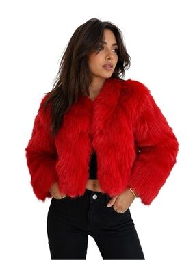 Red Genuine Fox Fur Cropped Fur Coat
